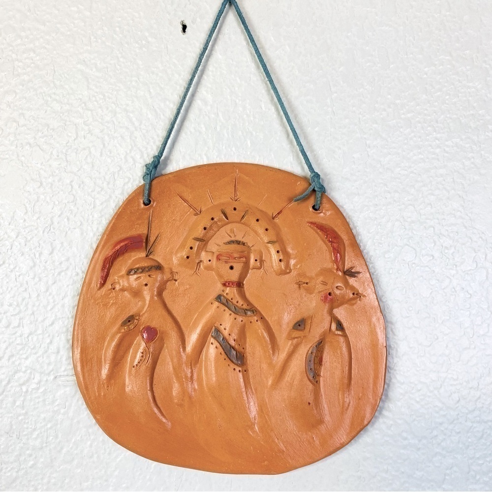 Handmade Kachina Pottery Wall Hanging Plaque Signed 9”x9”